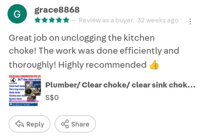 Carousell review by grace8868, 5 stars: Great job on unclogging the kitchen choke! The work was done efficiently and thoroughly! Highly recommended.
