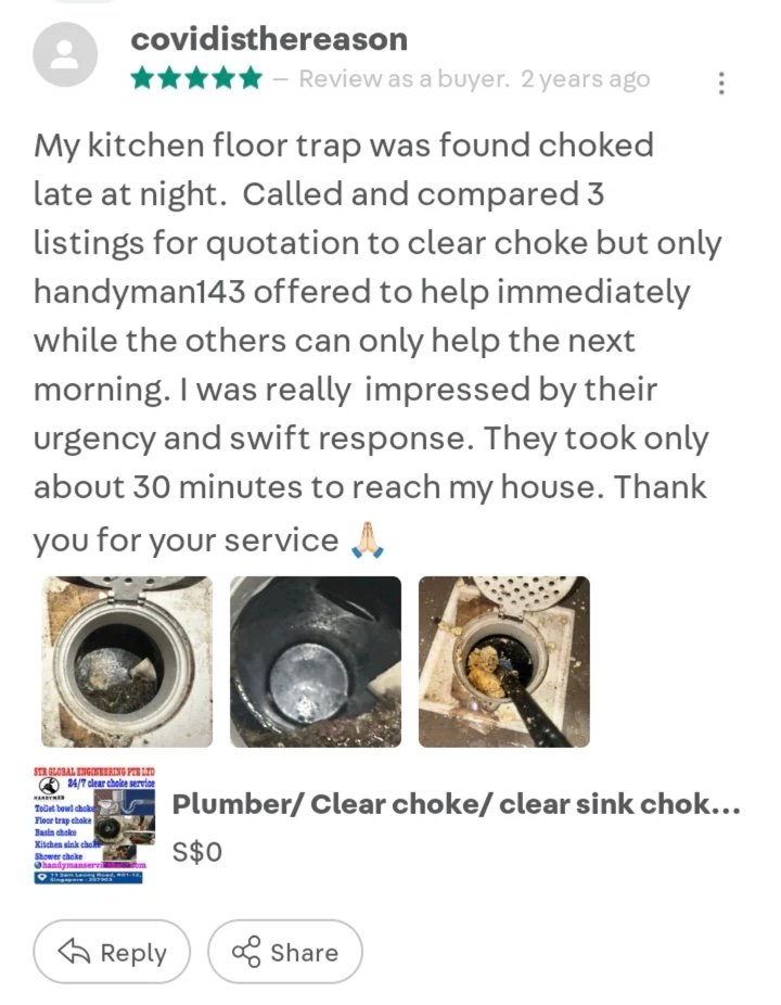 Carousell review by covidisthereason, 5 stars: kitchen floor trap choked late at night. Only this handyman offered to help immediately and took about 30 minutes to reach the house. Includes three photos of the drain.