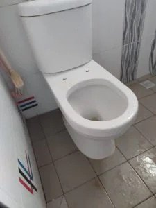 Close-coupled toilet bowl in a tiled bathroom
